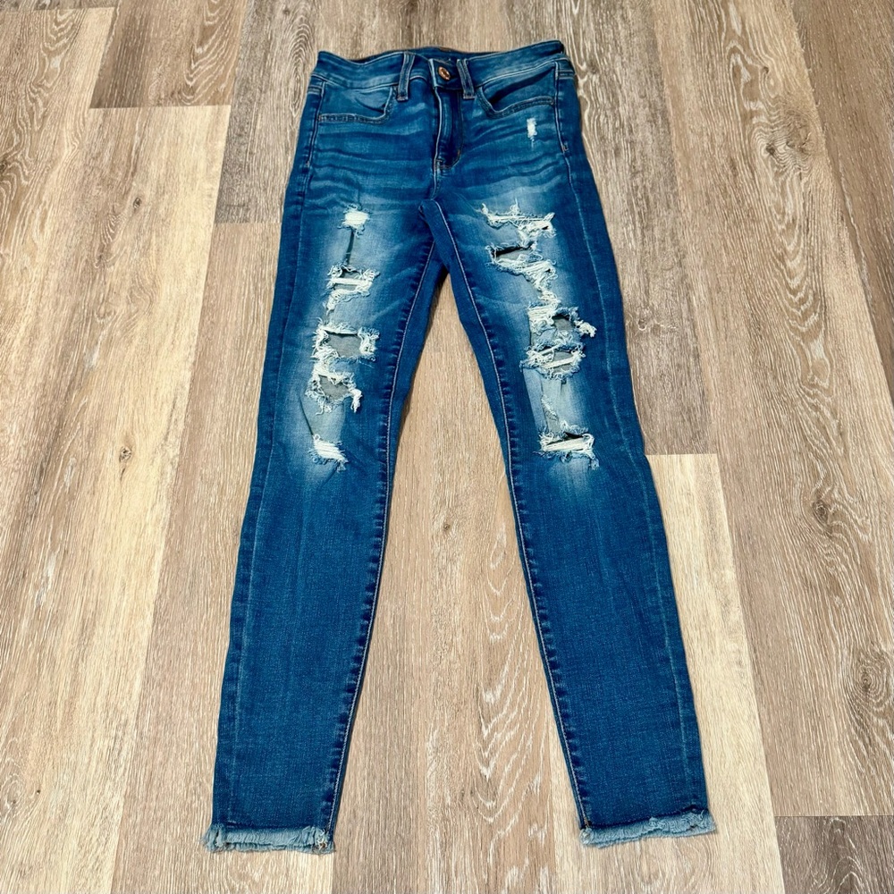 American Eagle - Medium Wash Distressed Hi- Rise Jegging- Size 2